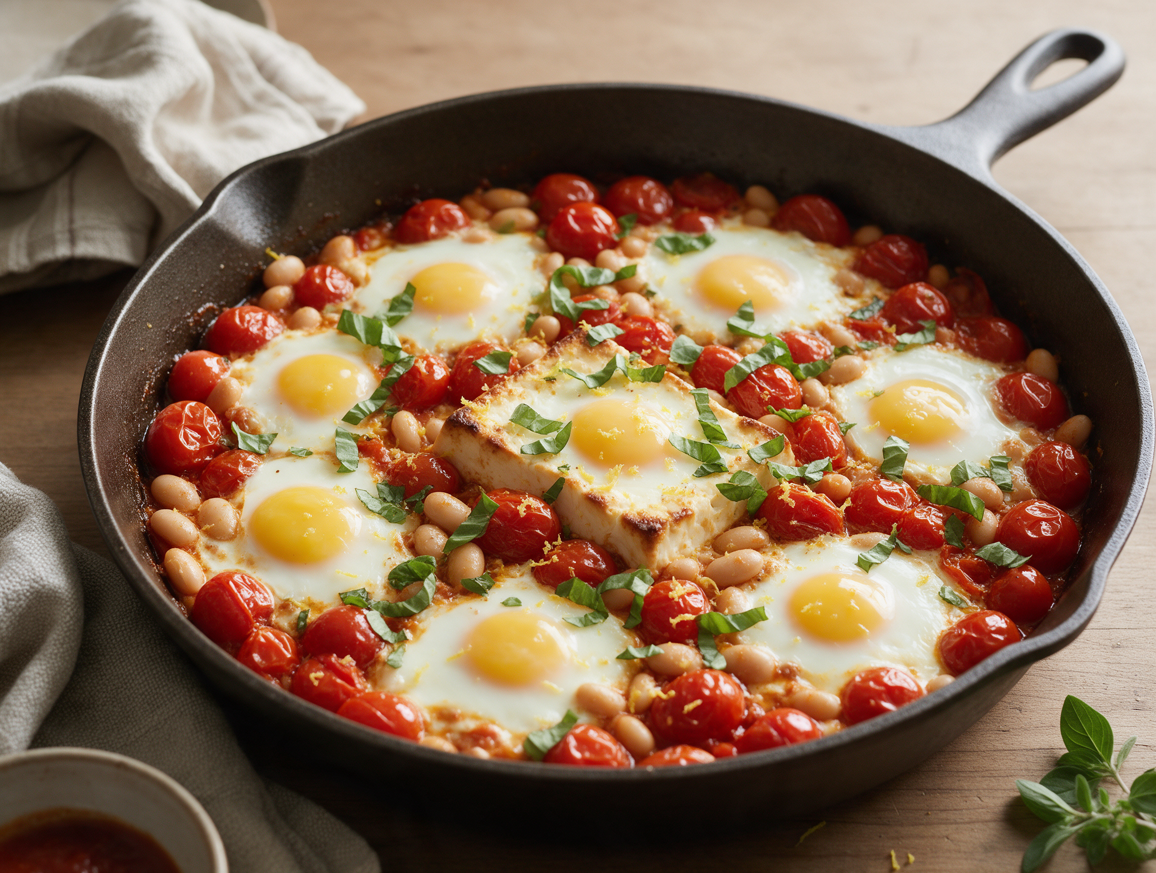 Overhead view of blistered cherry tomatoes, melted feta, and baked eggs in a cast iron skillet with fresh basil.