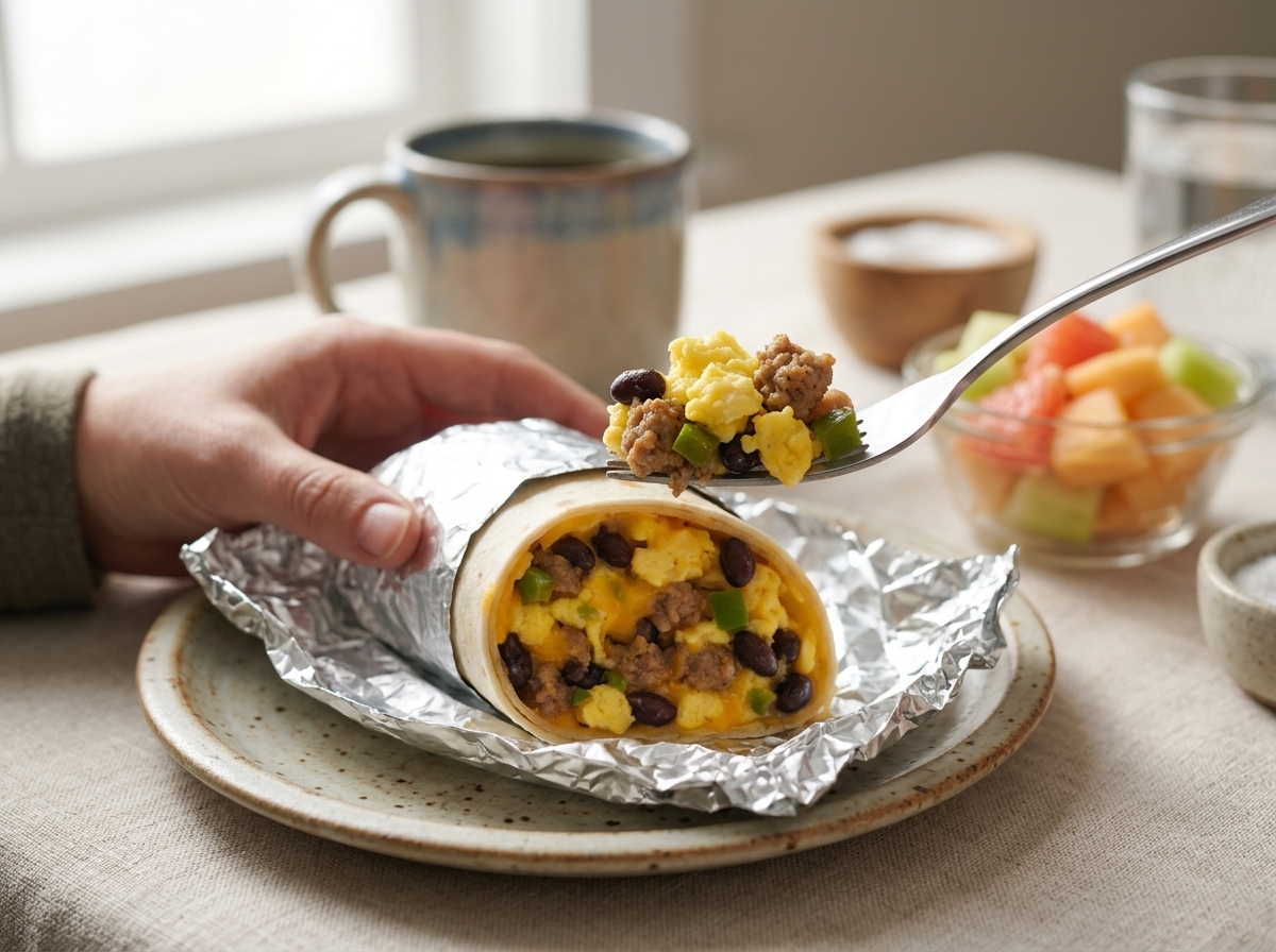 A woman unwraps a foil-wrapped breakfast burrito at a linen-set table with coffee and a small bowl of salsa nearby