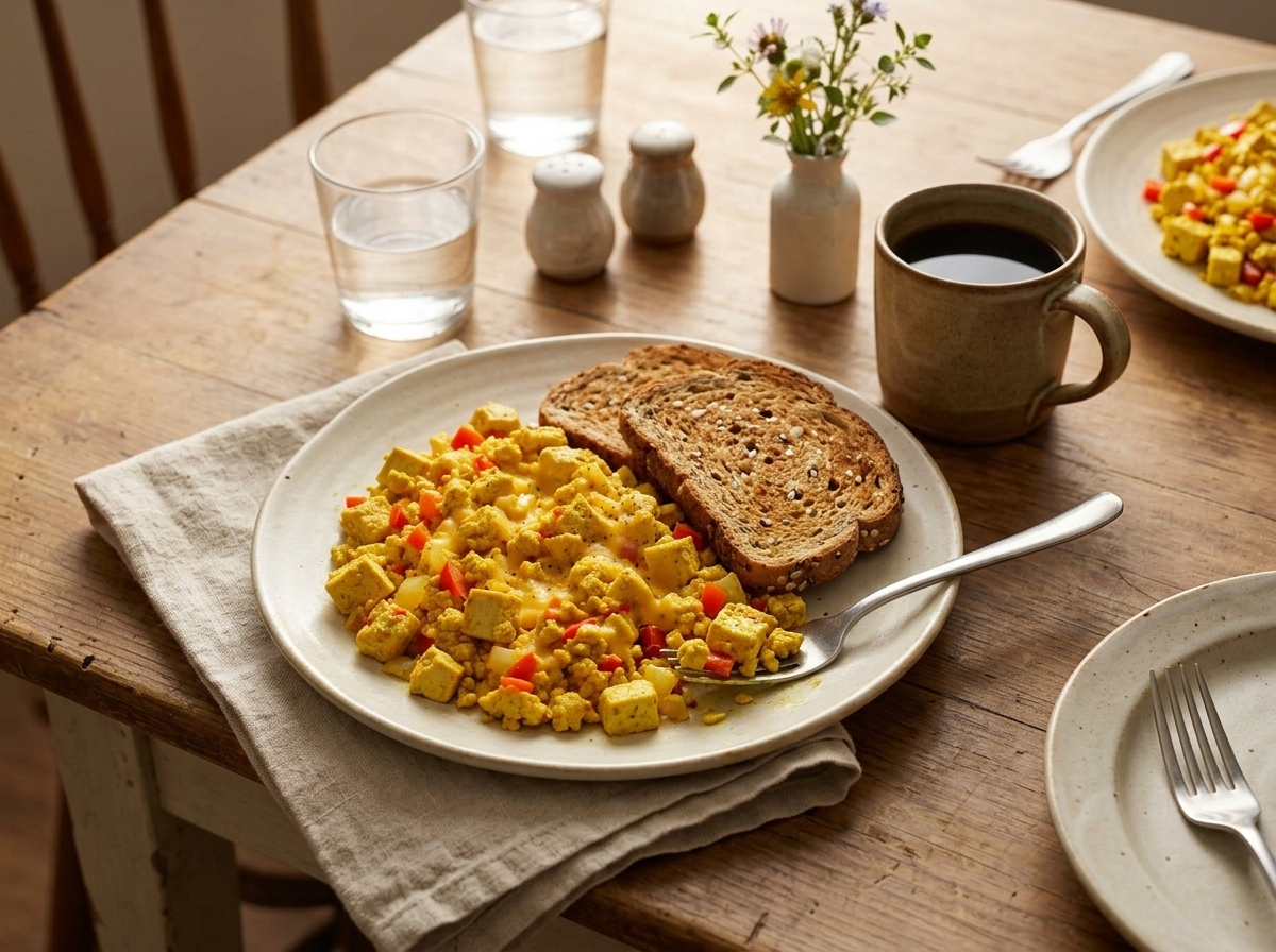 Plate of tofu scramble next to whole wheat toast and a coffee mug on a linen-covered breakfast table