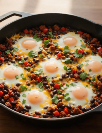 Cast iron skillet with browned chorizo, black beans, and eight eggs with soft yolks topped with melted cheddar and cilantro