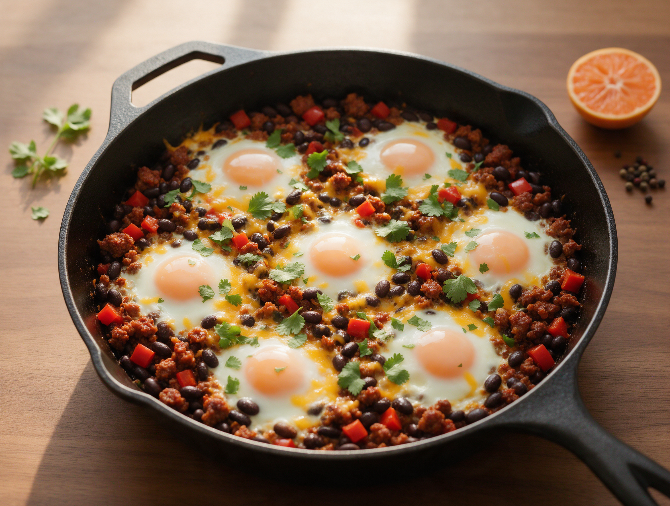 Cast iron skillet with browned chorizo, black beans, and eight eggs with soft yolks topped with melted cheddar and cilantro
