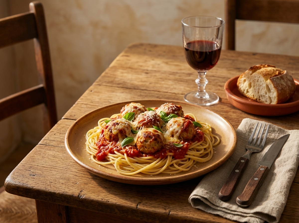 A plate of chicken parmesan meatballs and spaghetti on a linen napkin, fork resting beside a glass of red wine.