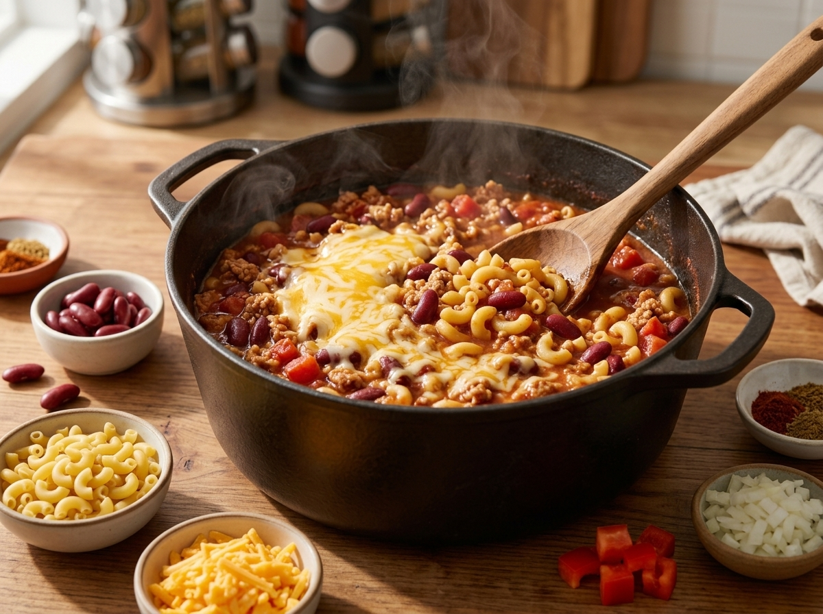 Wooden spoon stirring elbow macaroni into simmering turkey chili sauce with beans and tomatoes in a Dutch oven
