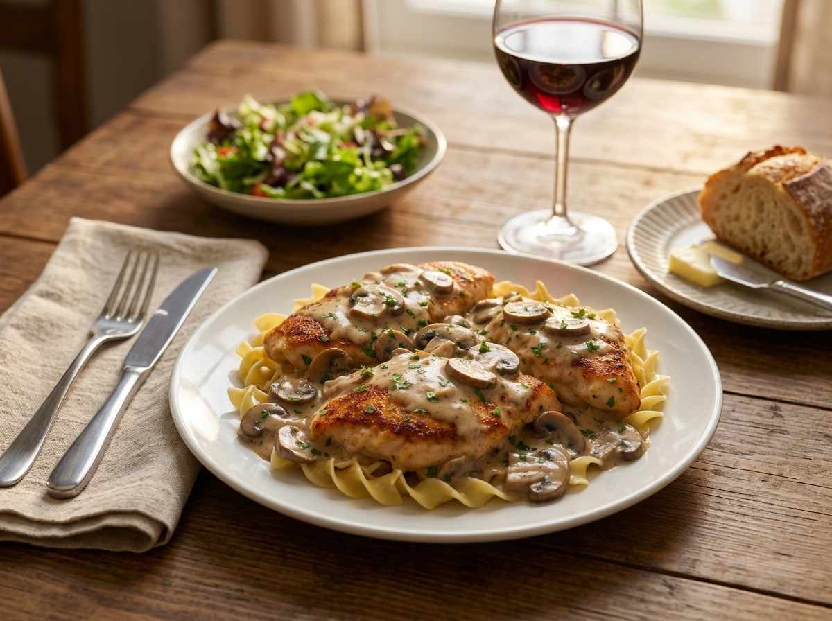 A weeknight dinner table with plated chicken marsala over egg noodles, a linen napkin, and a glass of red wine nearby.