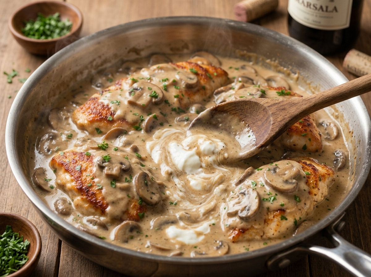 A cook whisks plain Greek yogurt into a bubbling marsala mushroom pan sauce off the heat in a stainless steel skillet.