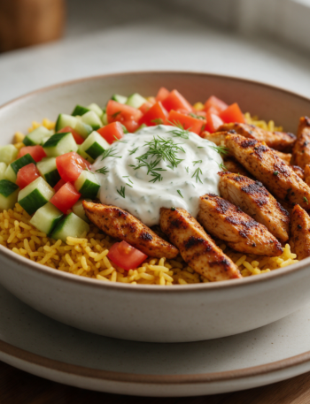 Chicken shawarma bowl with seared chicken, spiced rice, cucumber-tomato salad, and yogurt sauce drizzle on a wood board.