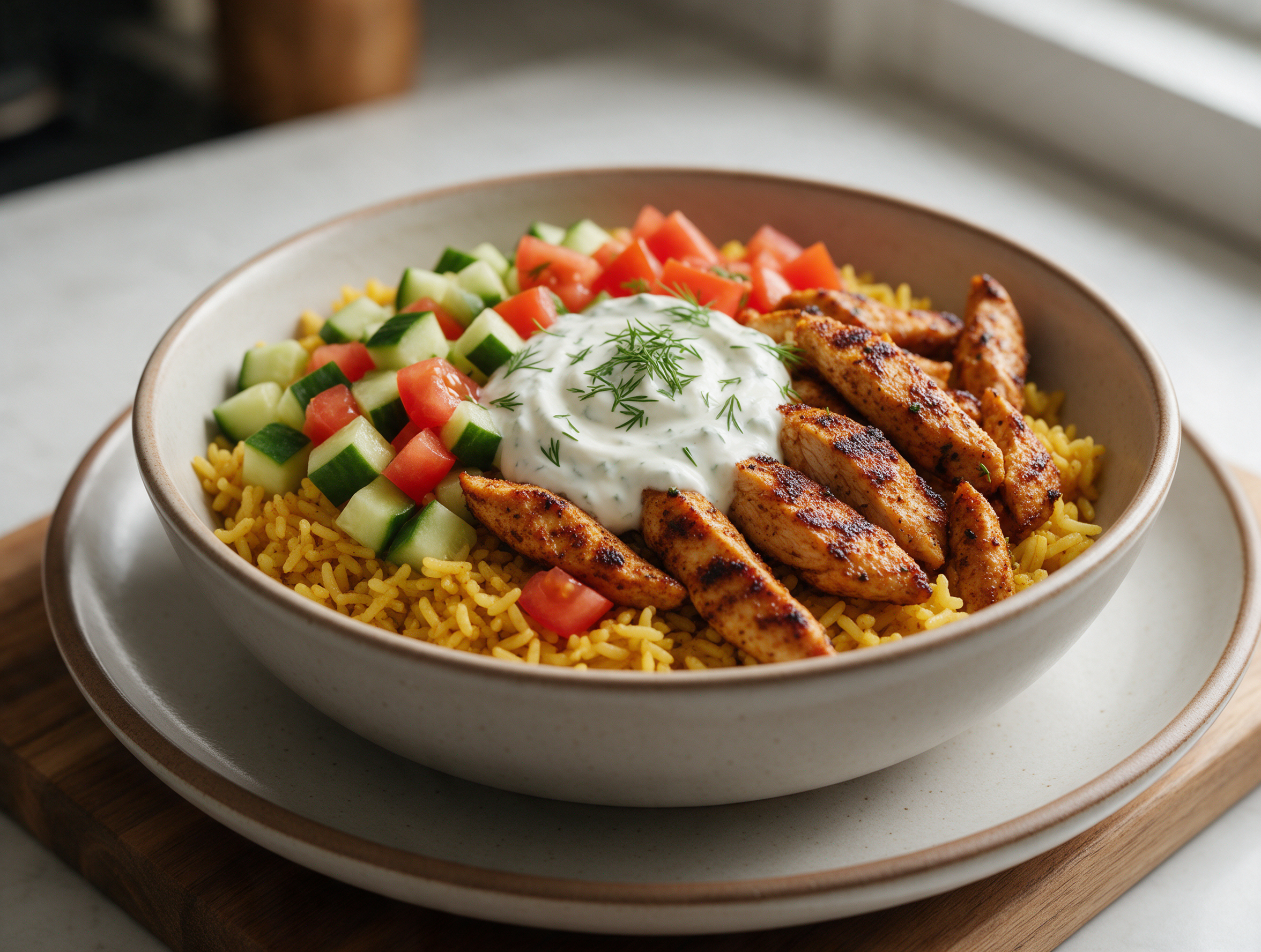 Chicken shawarma bowl with seared chicken, spiced rice, cucumber-tomato salad, and yogurt sauce drizzle on a wood board.