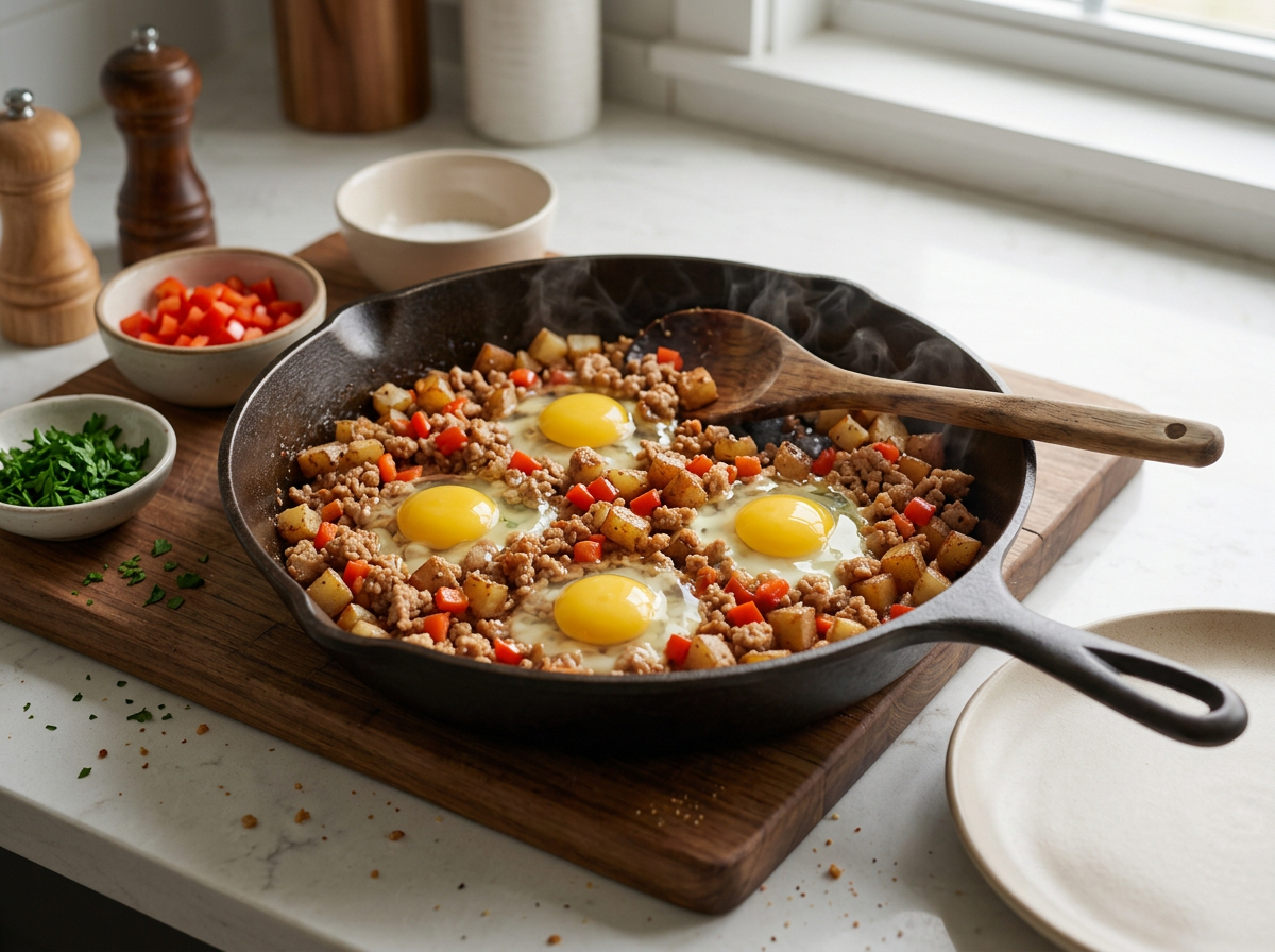 Ground turkey and diced potatoes browning in a cast iron skillet, spatula pushing crumbles across the pan with steam rising.