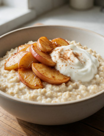 Bowl of protein oatmeal topped with cinnamon apples and a dollop of Greek yogurt on a rustic wooden table