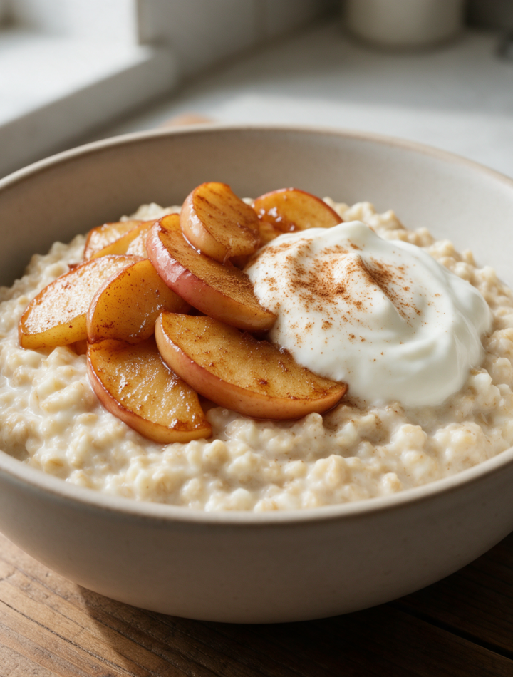 Bowl of protein oatmeal topped with cinnamon apples and a dollop of Greek yogurt on a rustic wooden table