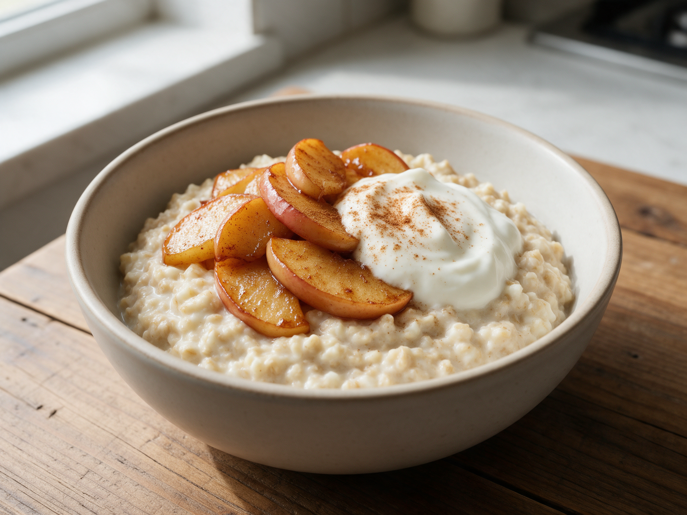 Bowl of protein oatmeal topped with cinnamon apples and a dollop of Greek yogurt on a rustic wooden table
