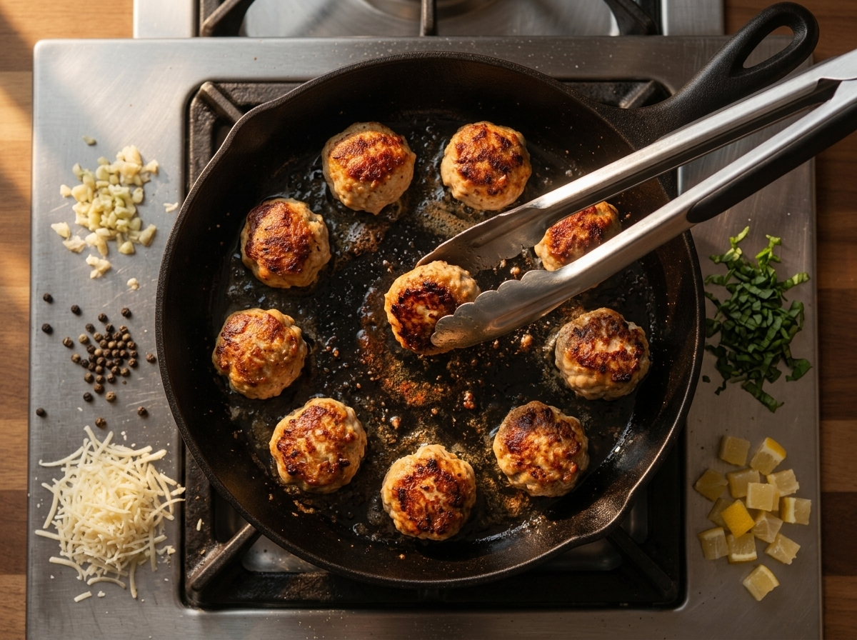 Ground chicken meatballs searing in a skillet, browned crust forming before marinara sauce is poured over them.