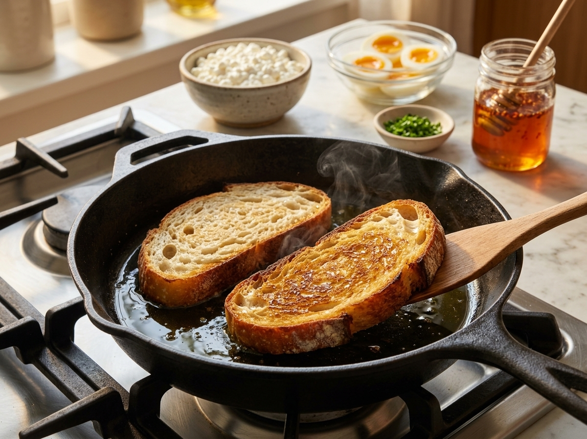 Sourdough slices toasting golden in a cast iron skillet, olive oil sizzling, bowl of cottage cheese ready beside it.