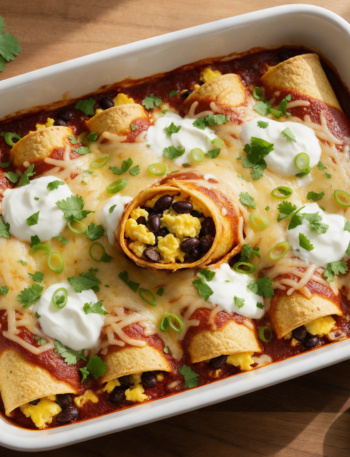 Baked breakfast enchiladas in a white dish topped with melted cheese, Greek yogurt, cilantro, and one enchilada sliced open