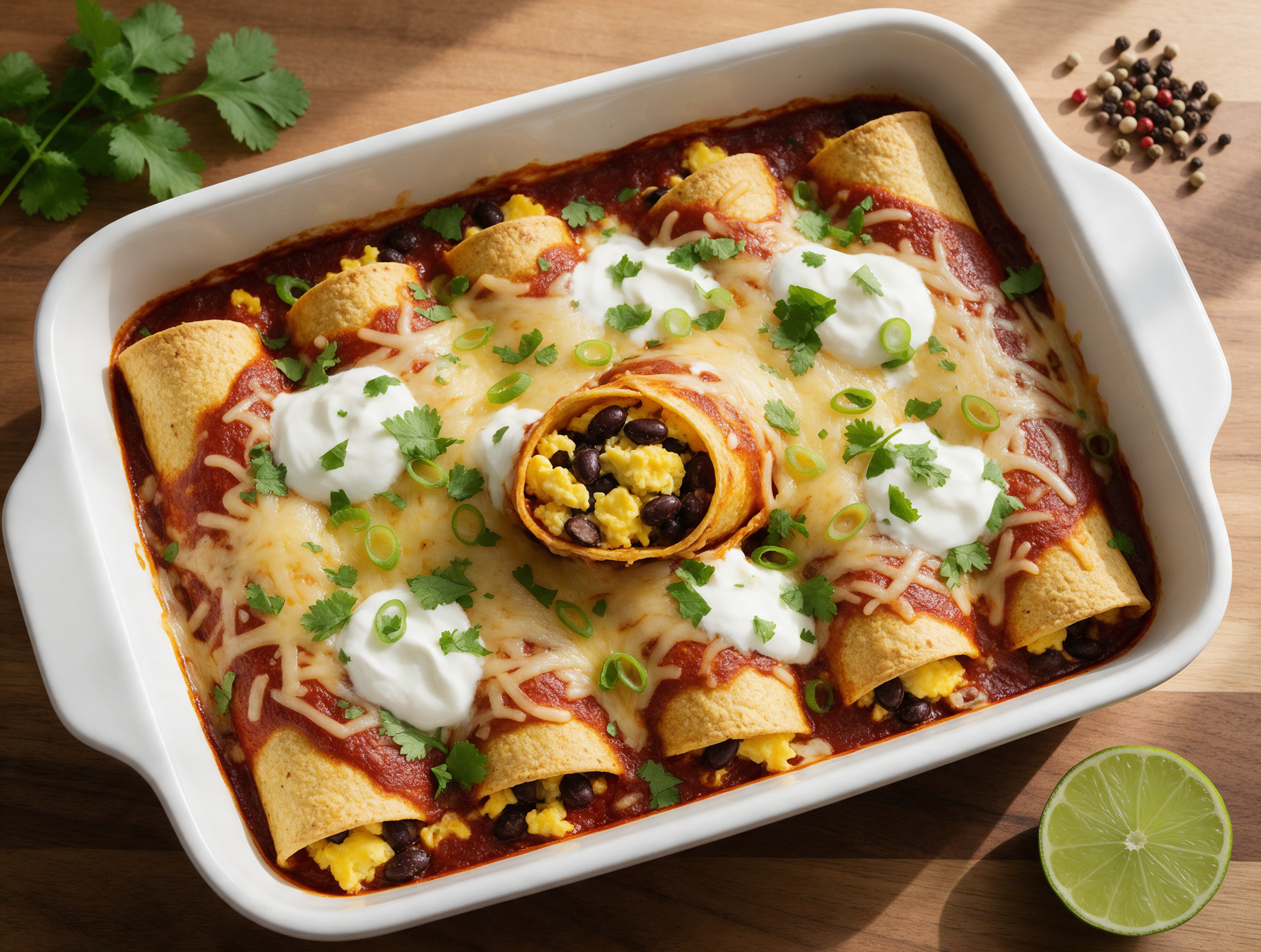 Baked breakfast enchiladas in a white dish topped with melted cheese, Greek yogurt, cilantro, and one enchilada sliced open