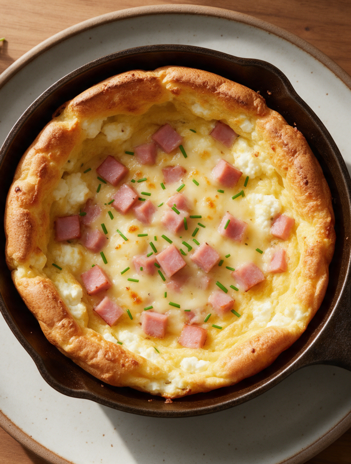 Puffed cottage cheese Dutch baby in a cast-iron skillet with melted Gruyere, diced ham, and chives on a wood table.