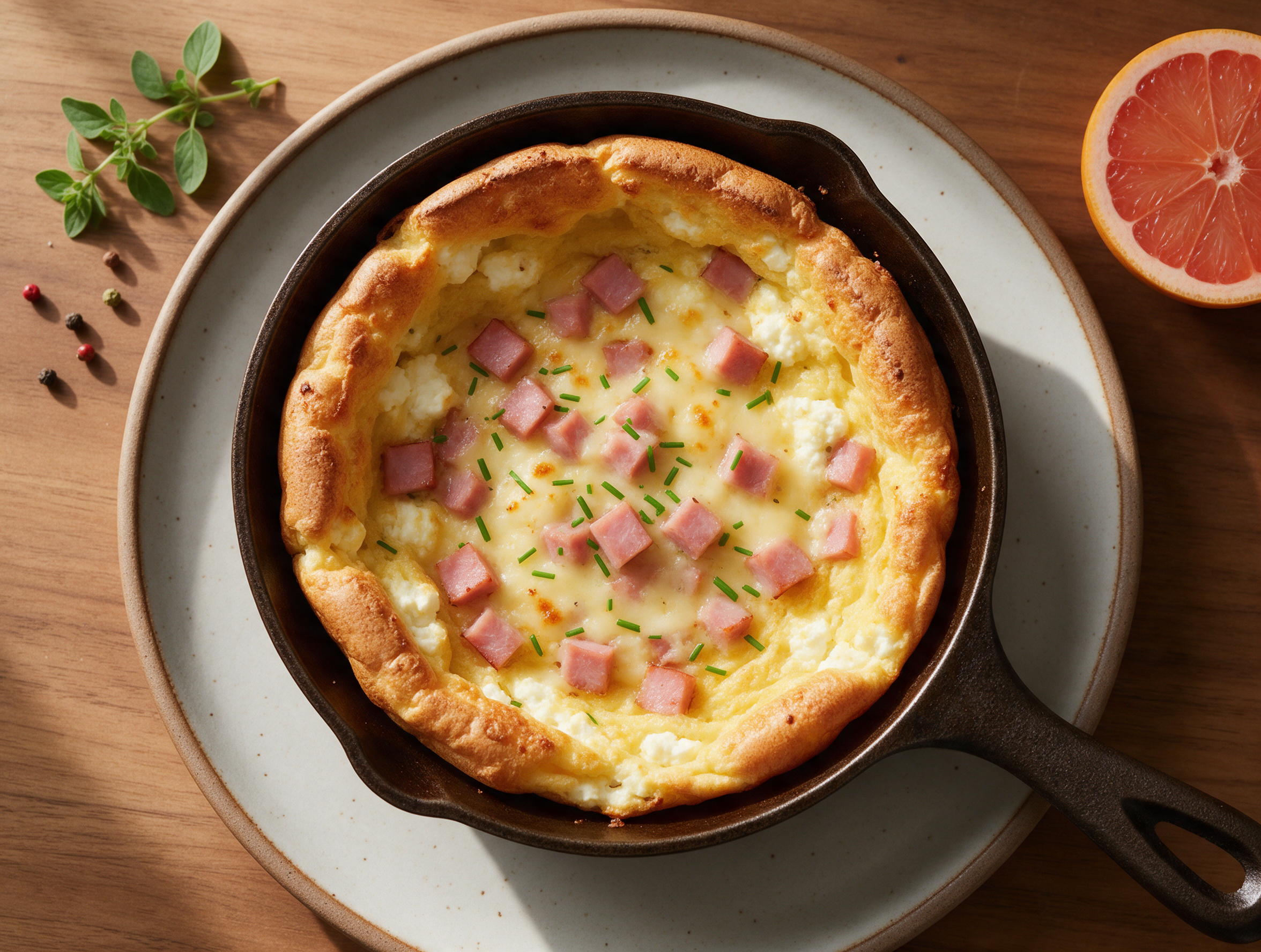 Puffed cottage cheese Dutch baby in a cast-iron skillet with melted Gruyere, diced ham, and chives on a wood table.