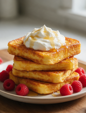 Golden brown cottage cheese custard French toast stacked with whipped yogurt and berries on a wood board.