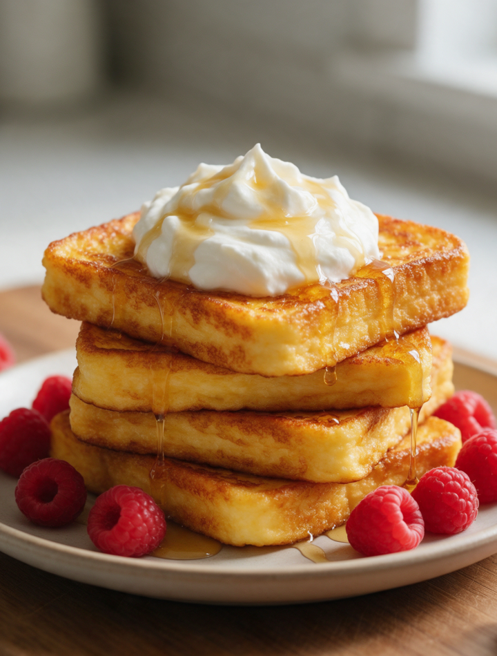 Golden brown cottage cheese custard French toast stacked with whipped yogurt and berries on a wood board.