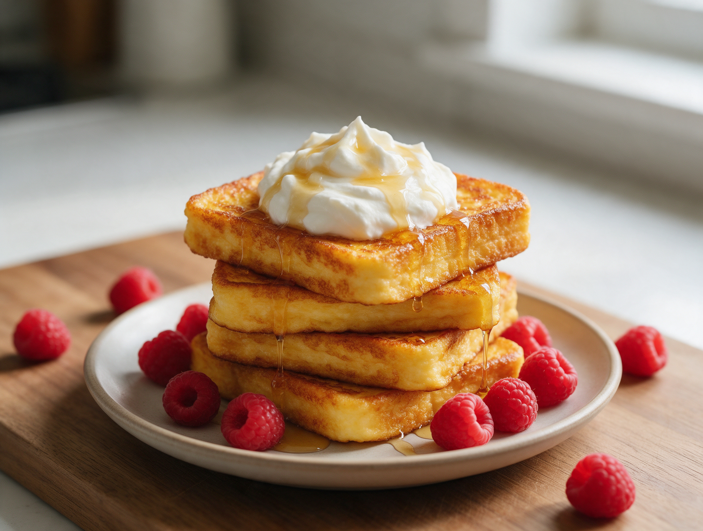 Golden brown cottage cheese custard French toast stacked with whipped yogurt and berries on a wood board.