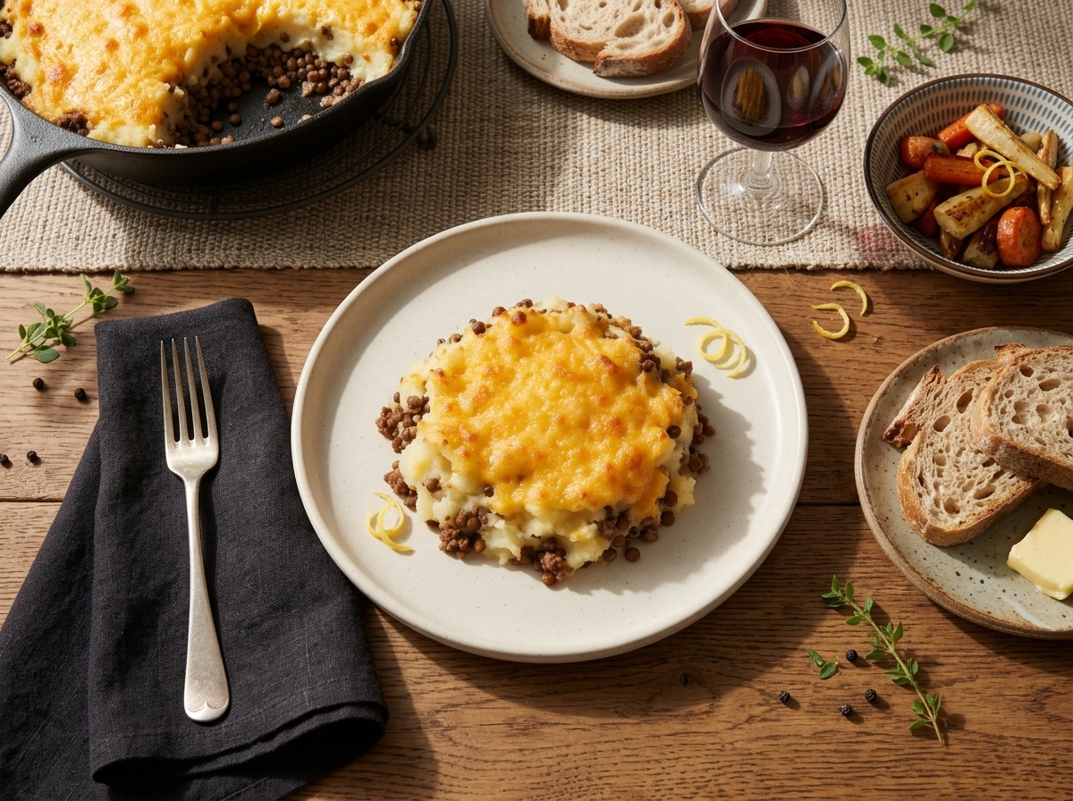 A family kitchen table with a scooped serving of lentil shepherd's pie, linen napkin, and a glass of milk nearby