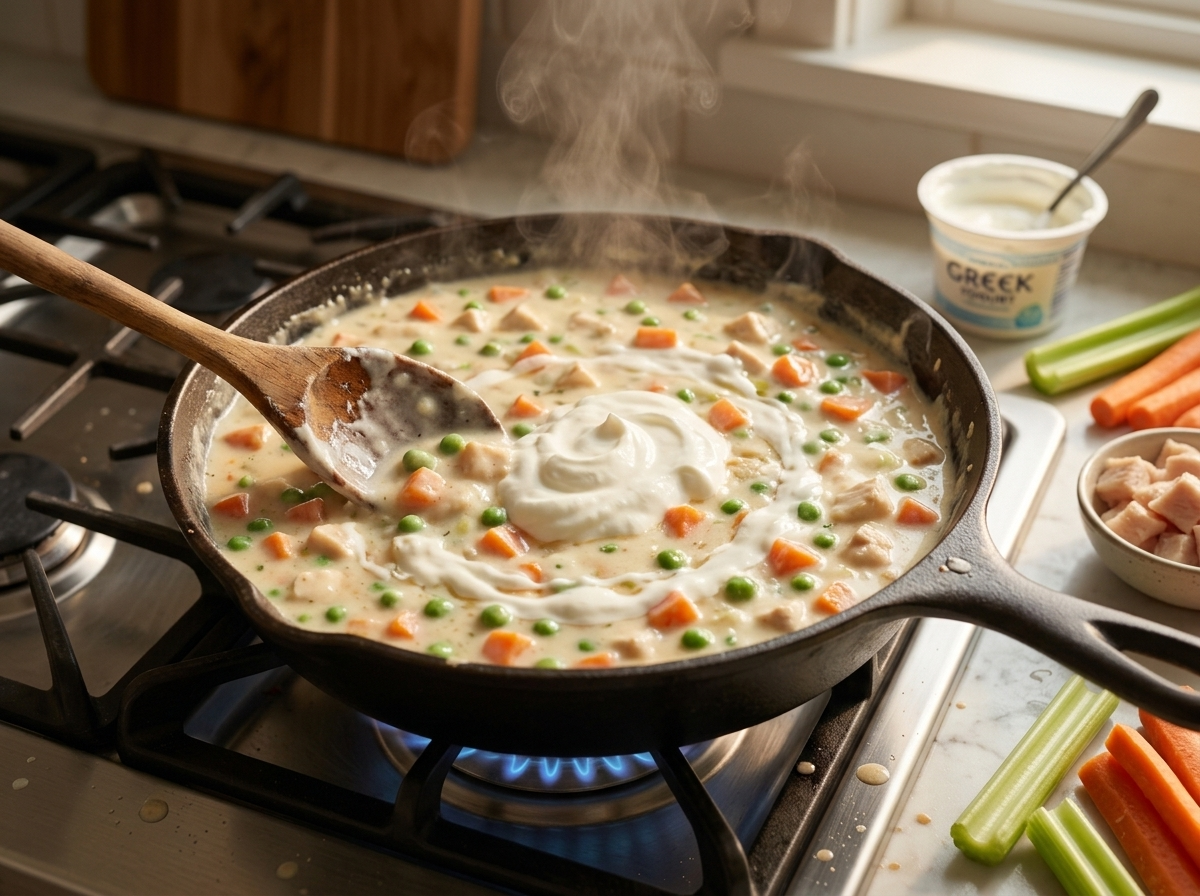 Wooden spoon folding plain Greek yogurt into a thickened chicken, carrot and pea filling in a cast-iron skillet on the stove.