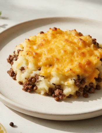Golden baked shepherd's pie with lentils and melted cheddar in a cast iron skillet, steam rising from the crust