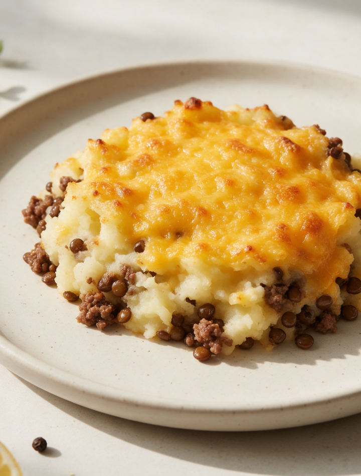 Golden baked shepherd's pie with lentils and melted cheddar in a cast iron skillet, steam rising from the crust