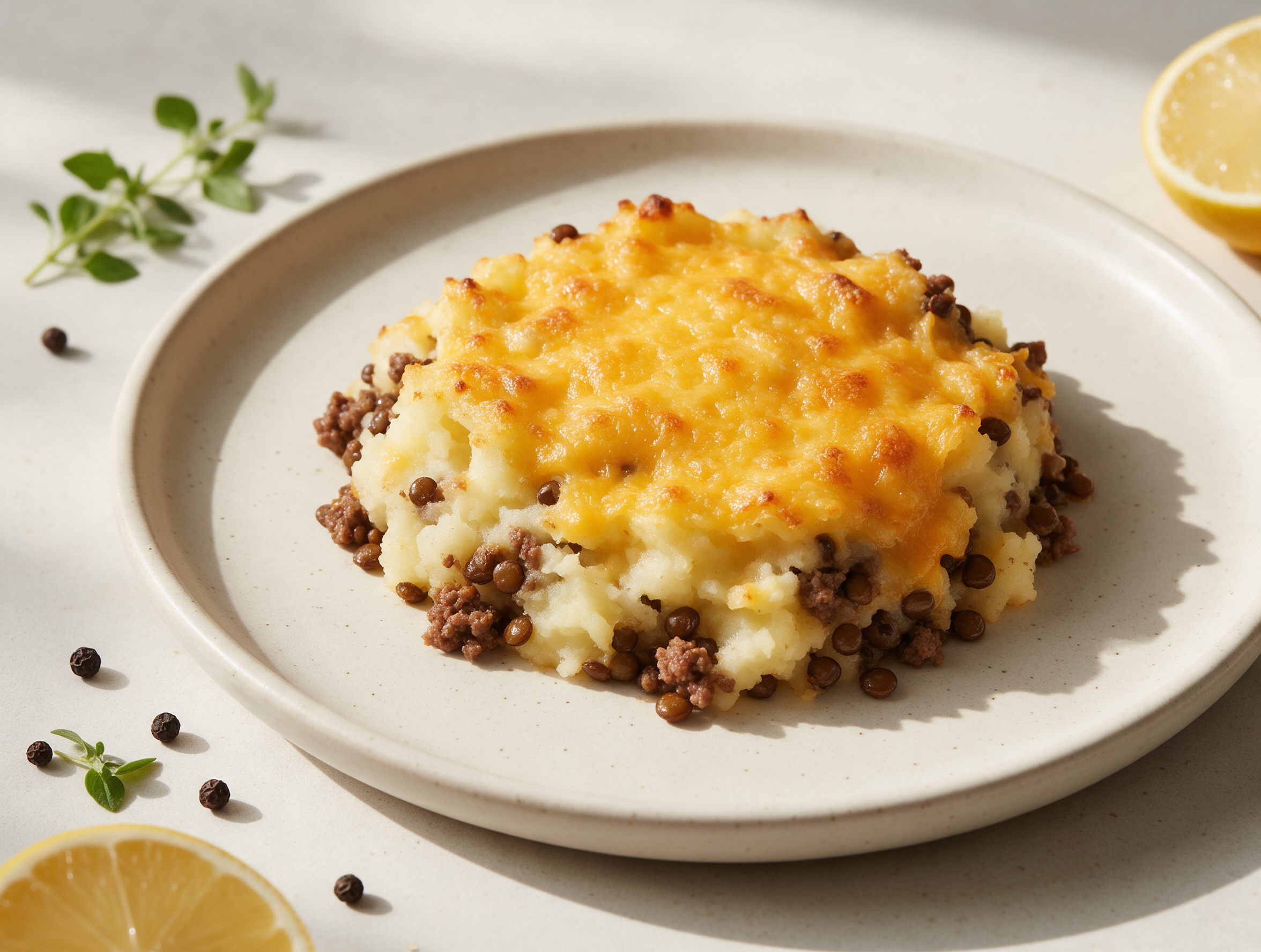 Golden baked shepherd's pie with lentils and melted cheddar in a cast iron skillet, steam rising from the crust