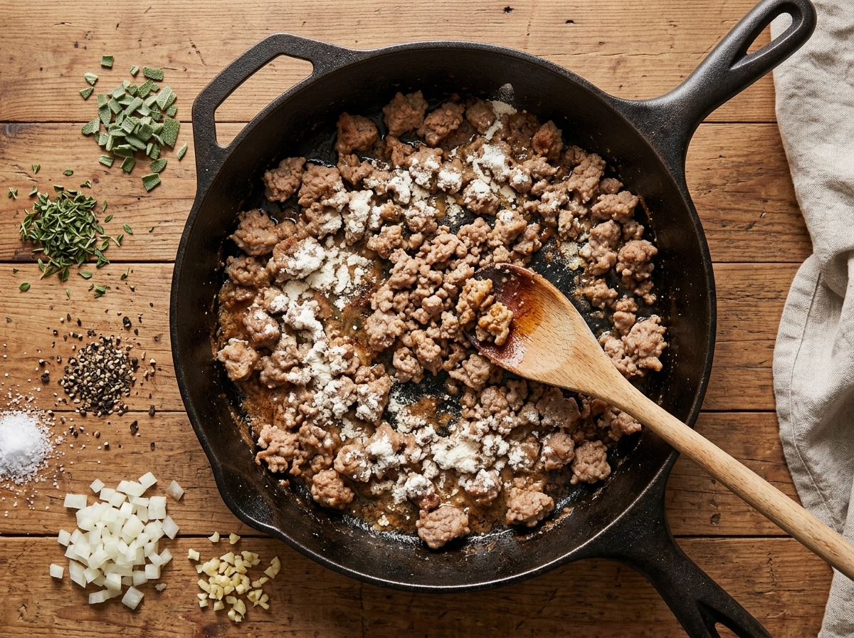 Ground turkey sausage browning in a cast iron skillet with flour being stirred into the drippings to start the gravy