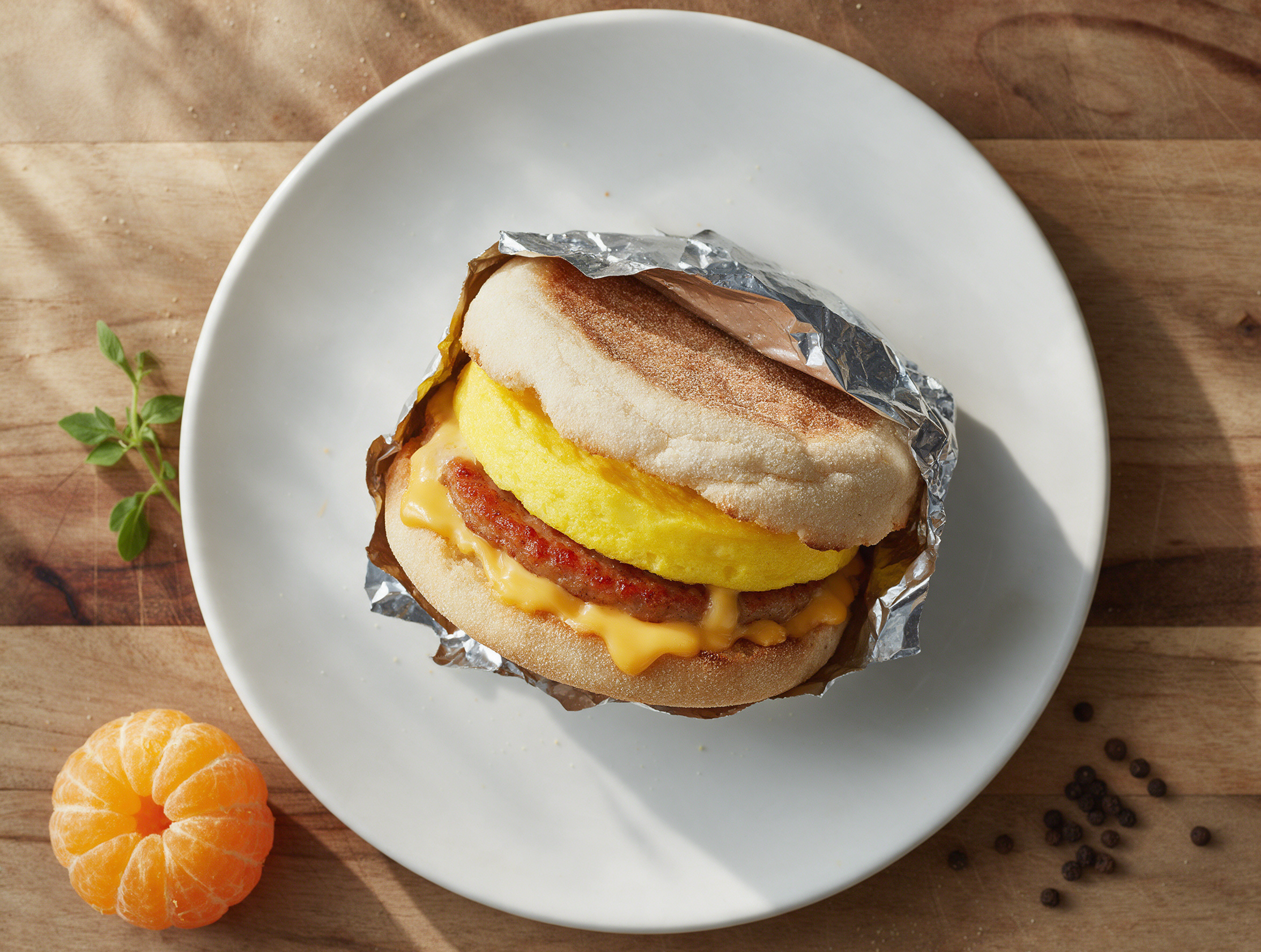 Sausage egg cheddar sandwich on a toasted muffin, cheese melting, foil peeled back on a rustic wood board in morning light