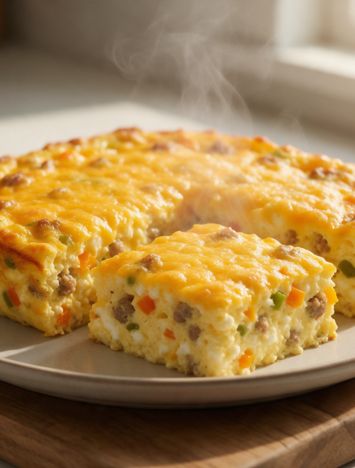 Overhead view of a golden sausage and egg casserole square on a white plate, melted cheddar and visible cottage cheese curds, steam rising