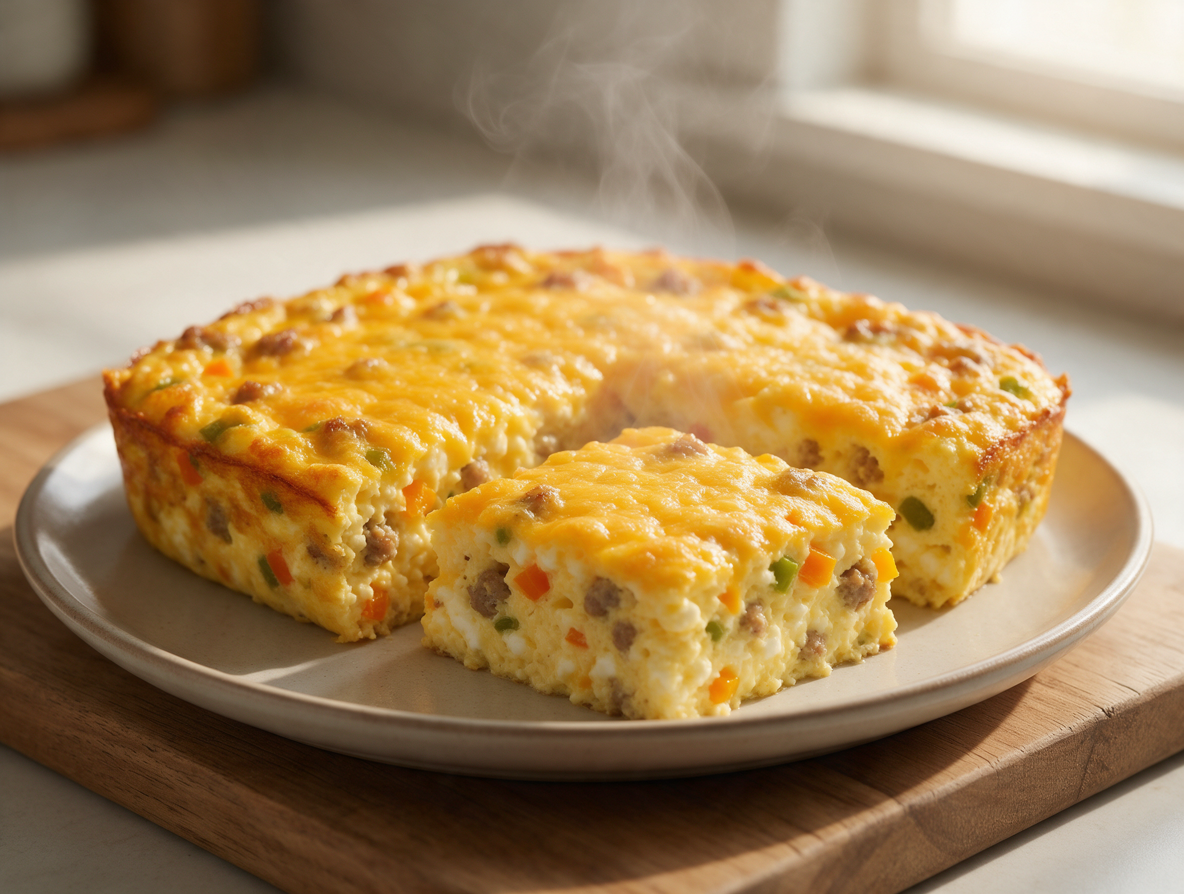 Overhead view of a golden sausage and egg casserole square on a white plate, melted cheddar and visible cottage cheese curds, steam rising