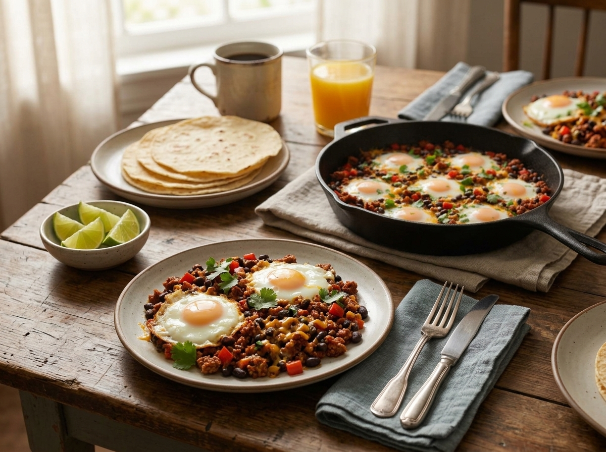 Kitchen table set with the chorizo egg skillet, warm tortillas, lime wedges, and a glass of orange juice in morning light