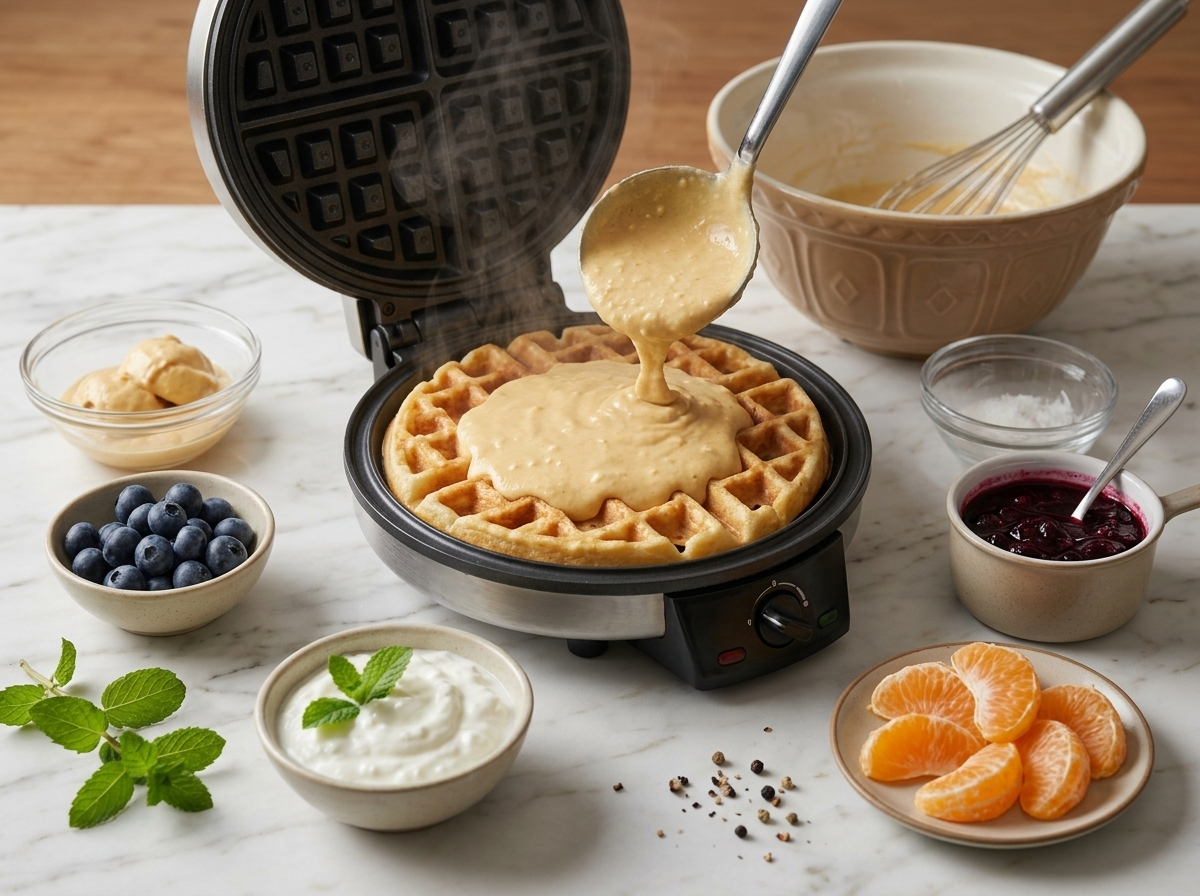 Cottage cheese batter being ladled onto a hot Belgian waffle iron with steam rising and a mixing bowl nearby.