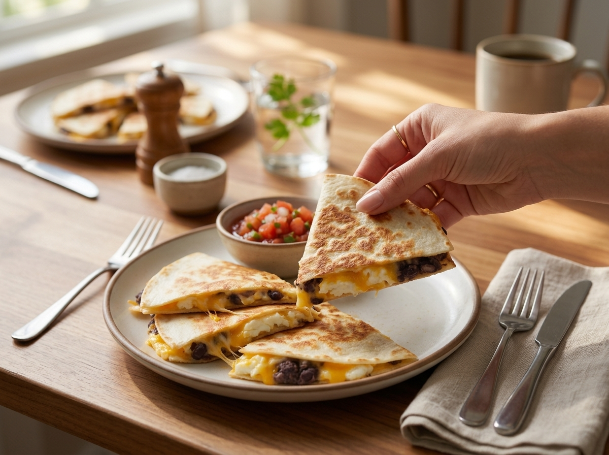 A woman's hands lifting a quesadilla wedge toward a mug of coffee at a sunlit kitchen table with a linen napkin.