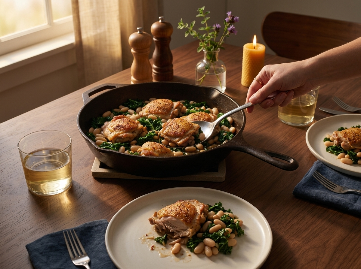 A hand spoons chicken, white beans, and kale from the skillet onto a plate beside a torn baguette and linen napkin.