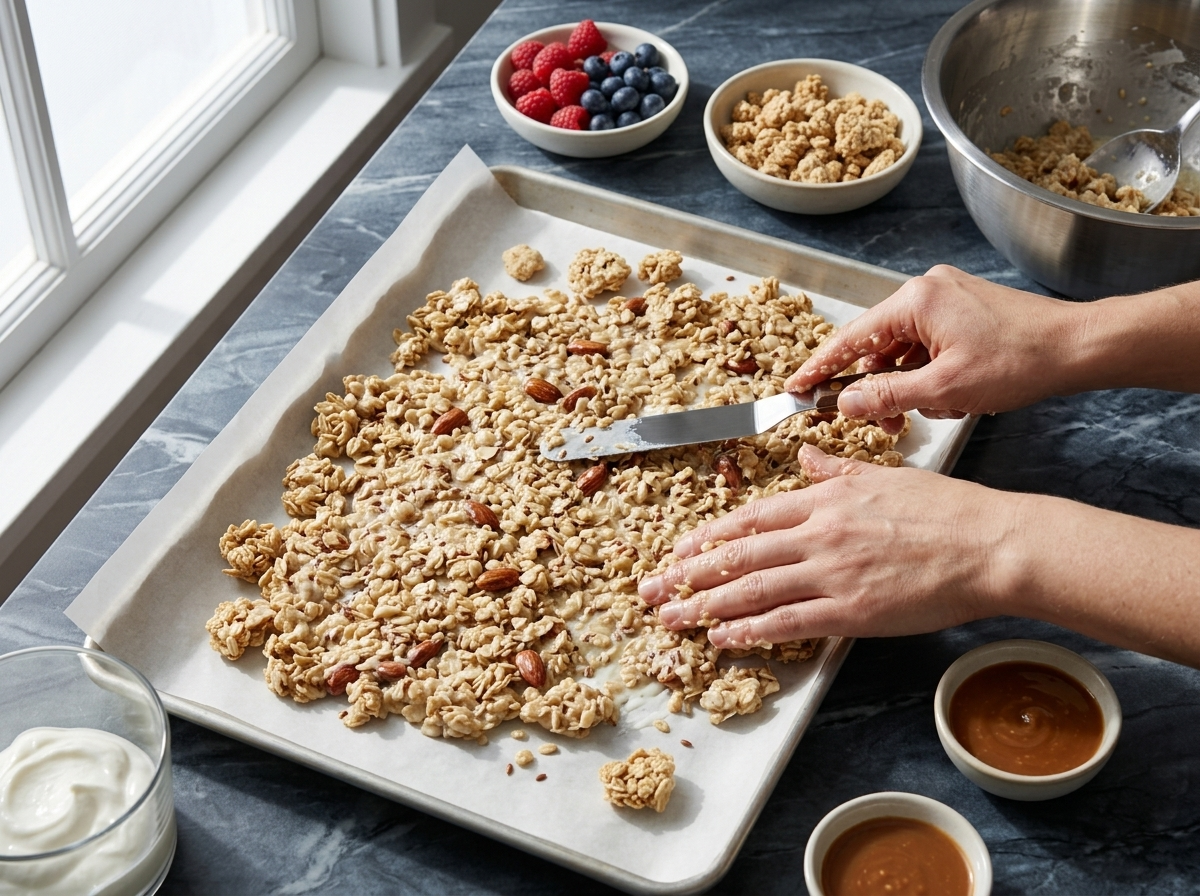 Hands spreading sticky egg white oat granola mixture across a parchment-lined sheet pan before baking