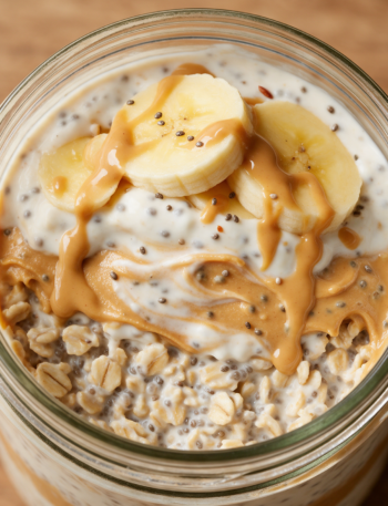 Mason jar of peanut butter Greek yogurt overnight oats topped with banana slices and a peanut butter drizzle on a wood table