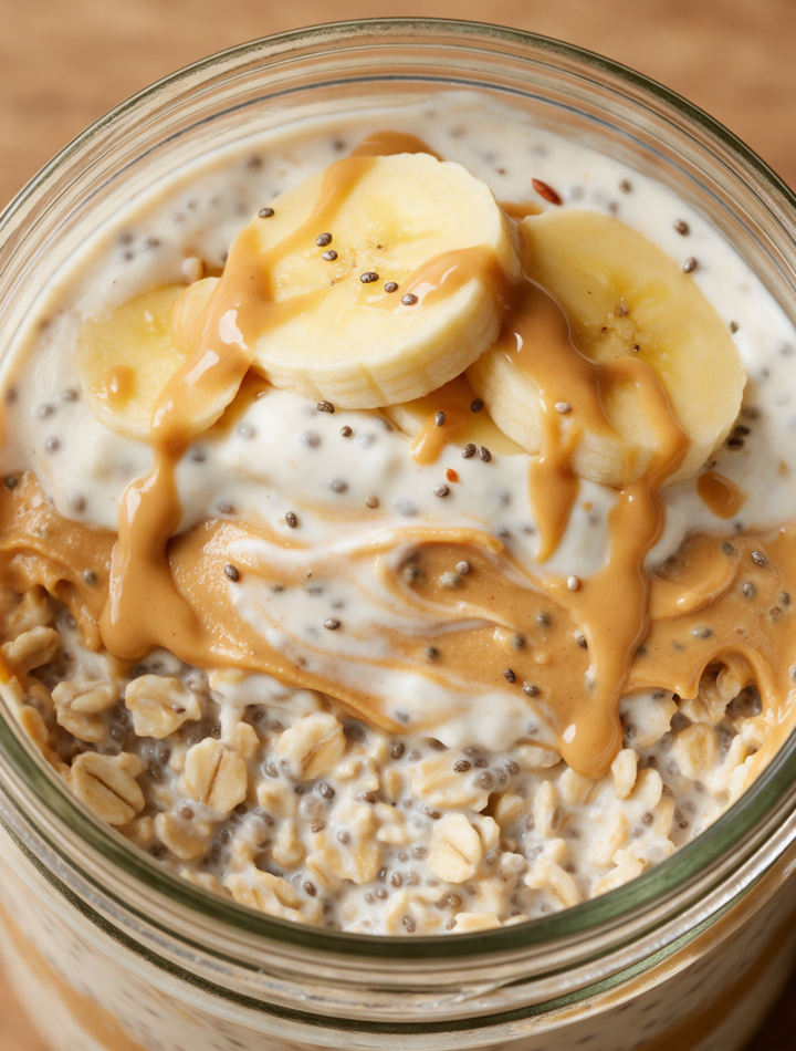 Mason jar of peanut butter Greek yogurt overnight oats topped with banana slices and a peanut butter drizzle on a wood table