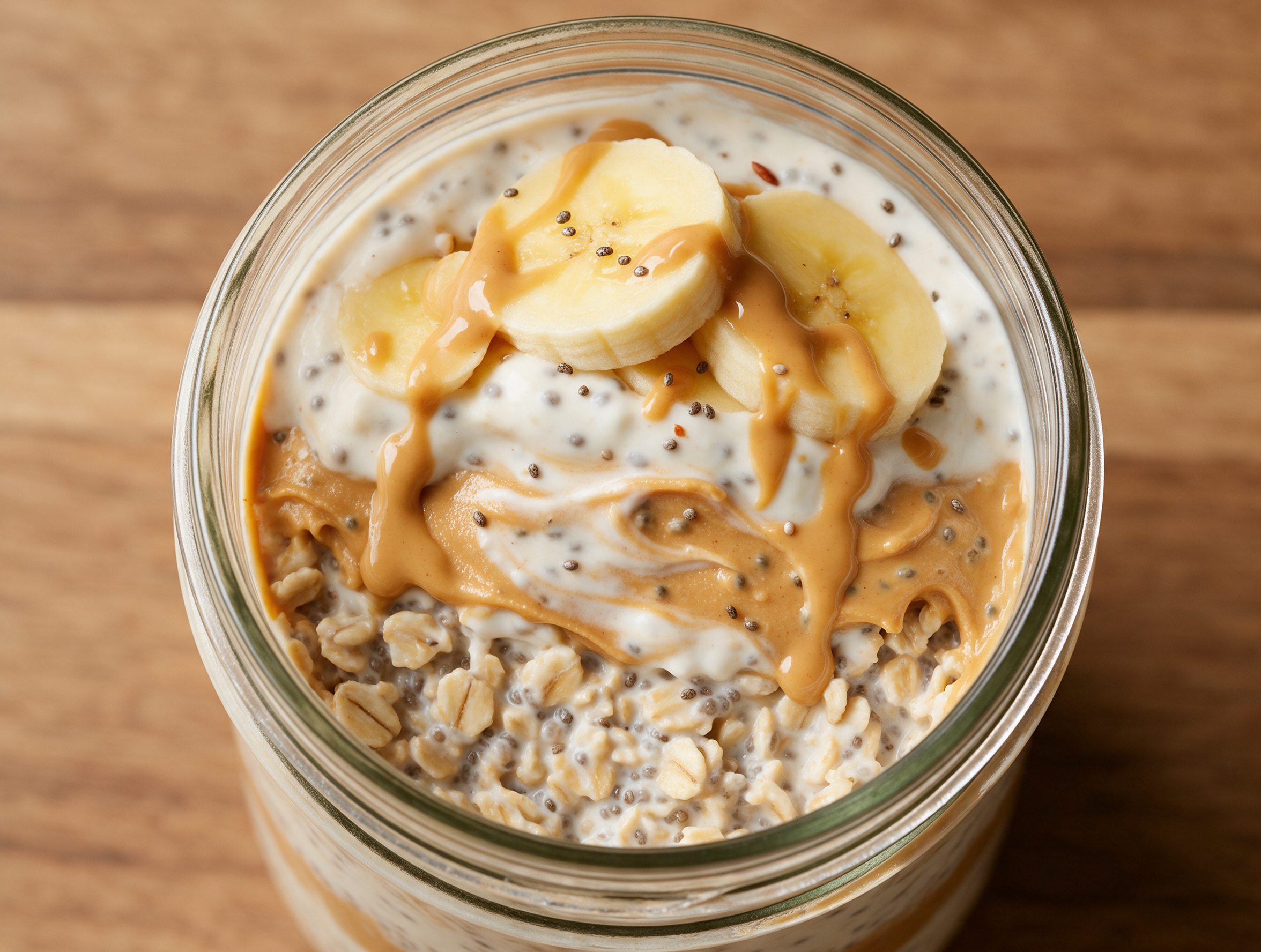 Mason jar of peanut butter Greek yogurt overnight oats topped with banana slices and a peanut butter drizzle on a wood table