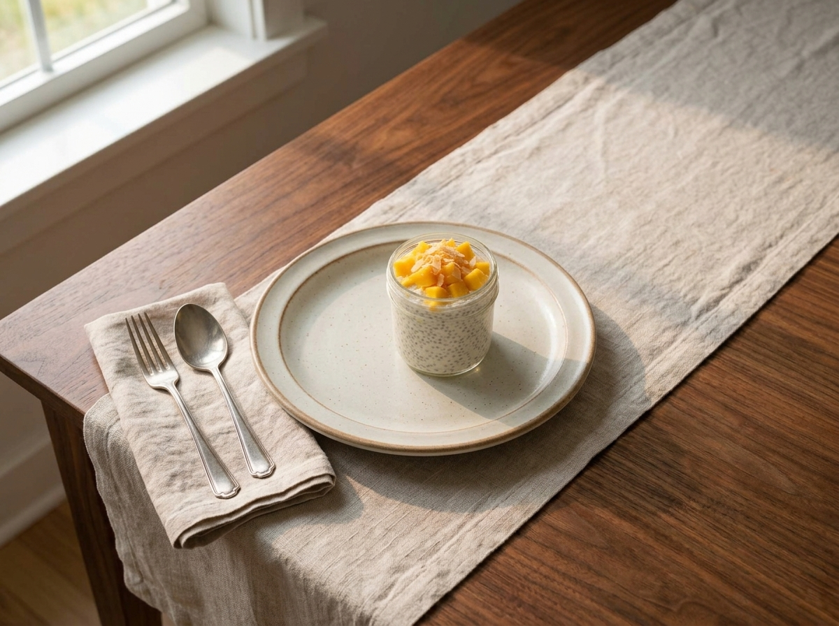 Two mason jars of mango chia pudding set on a breakfast table with coffee and a linen napkin in morning light