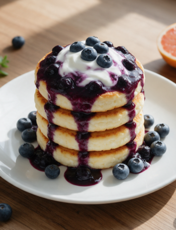Stacked cottage cheese pancakes drizzled with glossy blueberry compote and a dollop of yogurt on a rustic wood table.