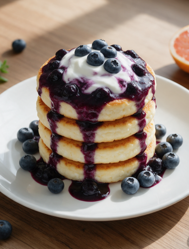 Stacked cottage cheese pancakes drizzled with glossy blueberry compote and a dollop of yogurt on a rustic wood table.