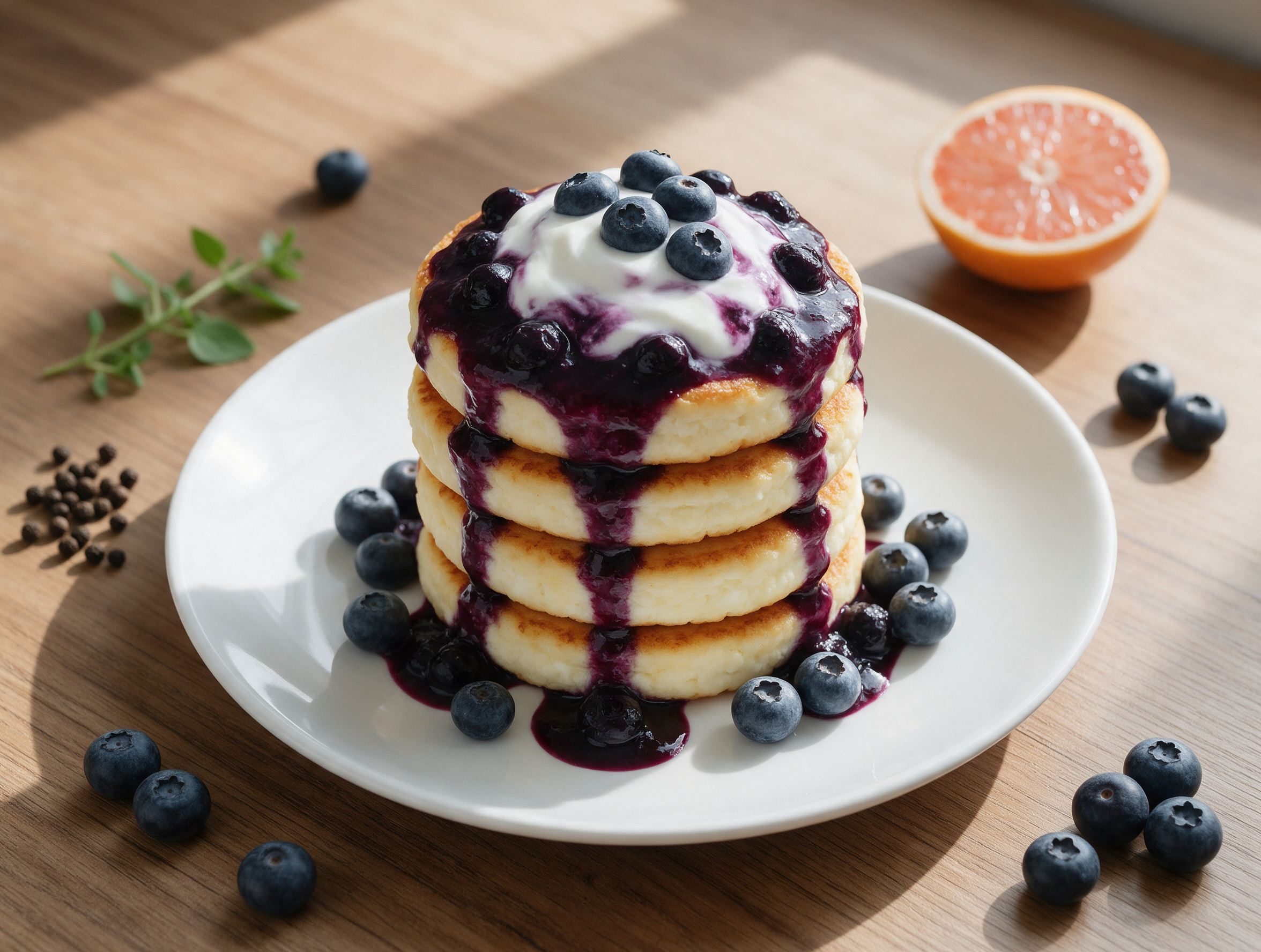 Stacked cottage cheese pancakes drizzled with glossy blueberry compote and a dollop of yogurt on a rustic wood table.