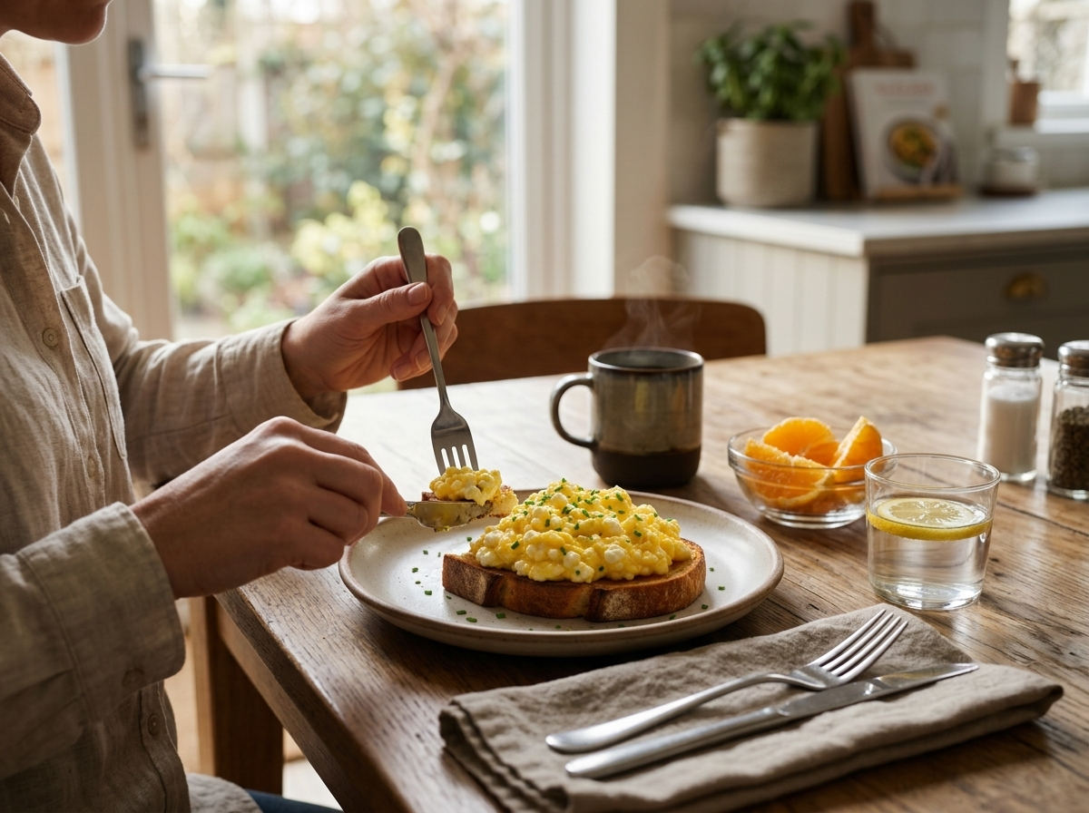 Someone cutting into a plate of eggs on toast at a wooden kitchen table with coffee and orange slices nearby