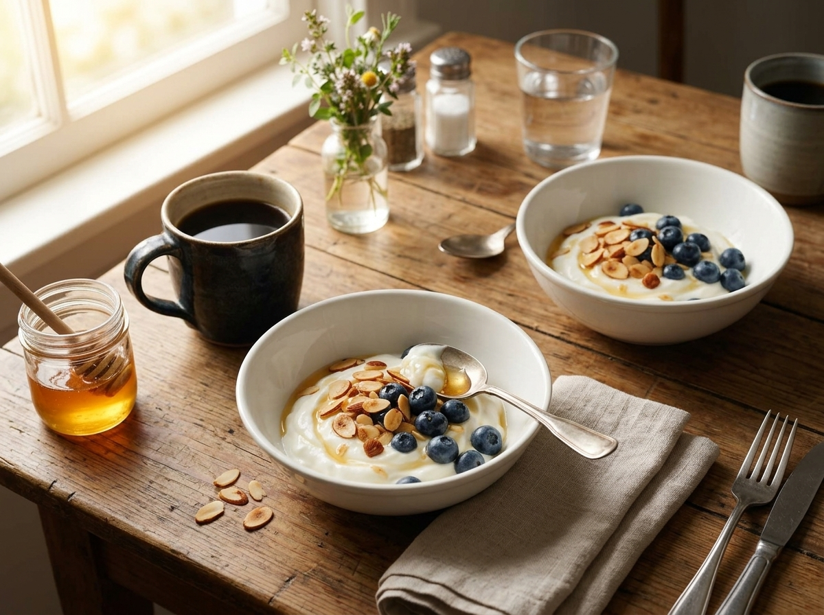 Two skyr bowls with almonds and honey on a wooden table beside a mug of coffee and a folded linen napkin
