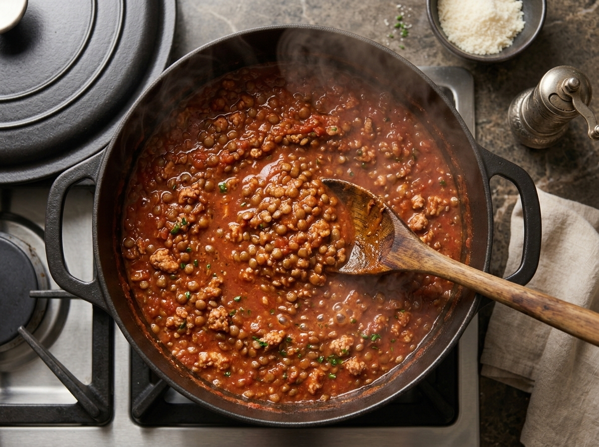 Wooden spoon stirring simmering ground turkey and lentils in a red tomato sauce inside a Dutch oven