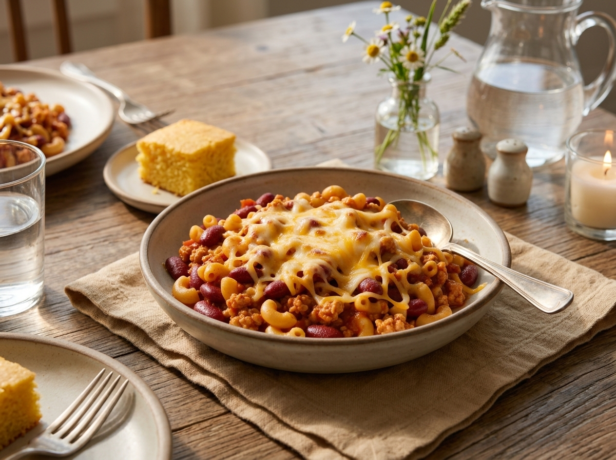 A bowl of turkey chili mac on a linen napkin next to a square of cornbread and a glass of water at the table