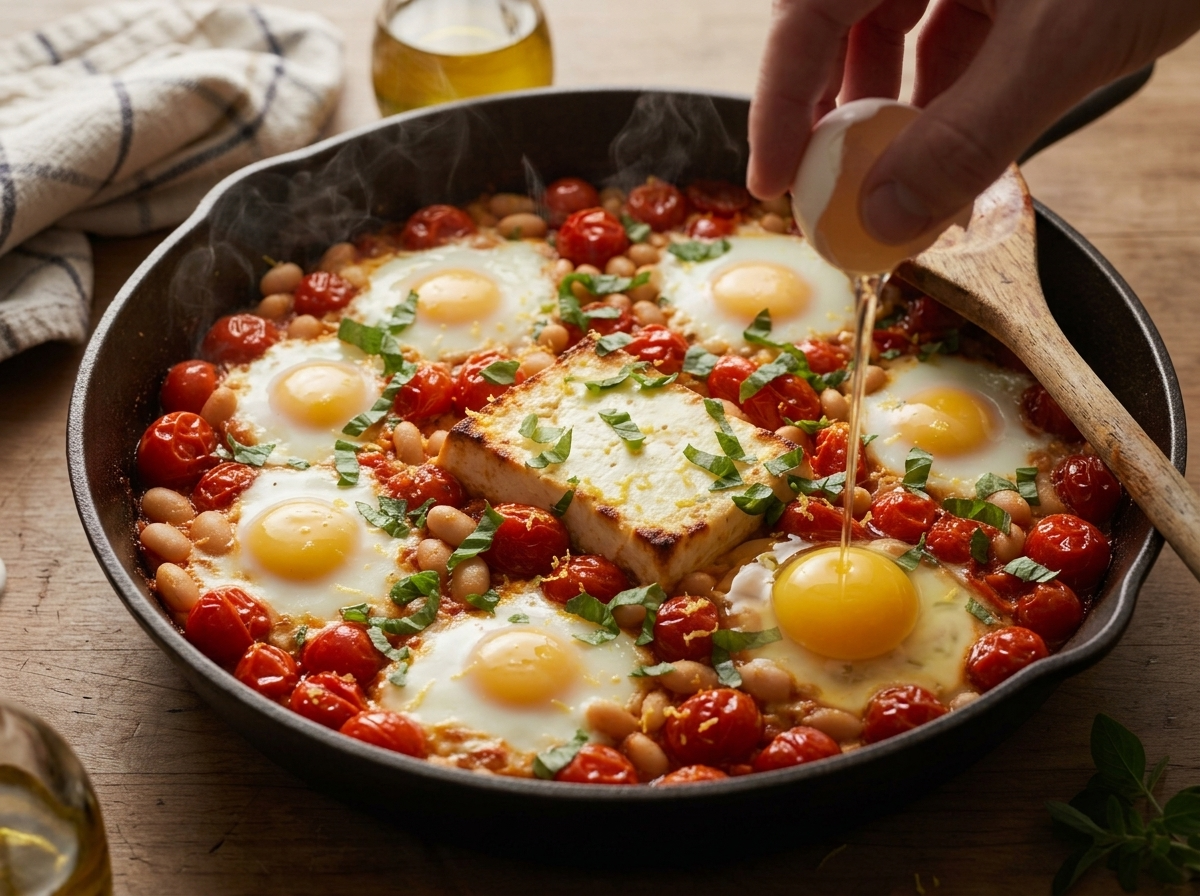 Cook cracking a raw egg into a shallow well in the baked tomato and feta mixture inside a skillet.